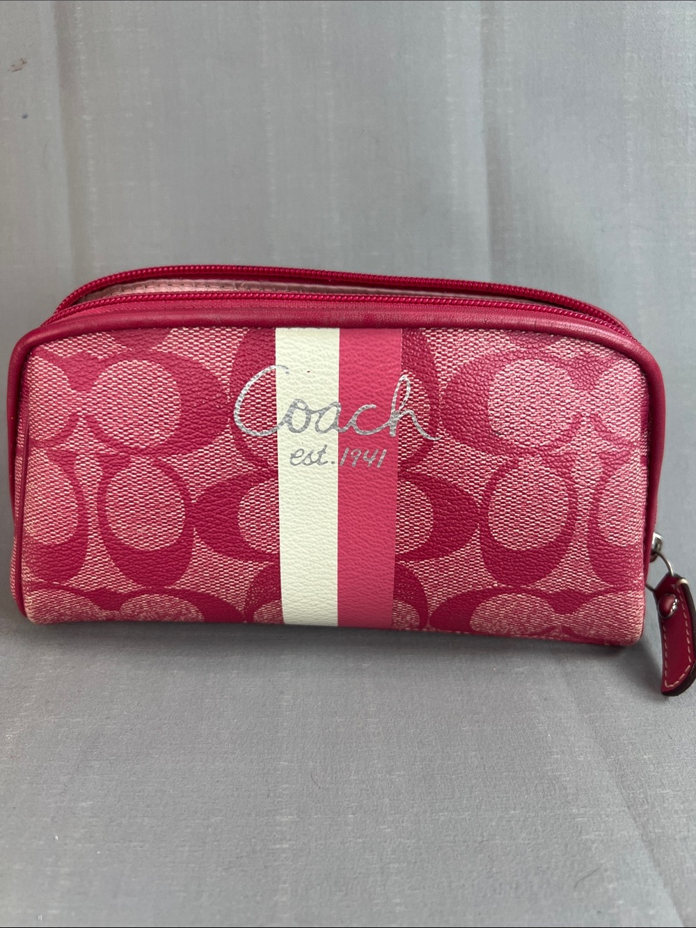Coach Pink Signature Stripe Cosmetic Case